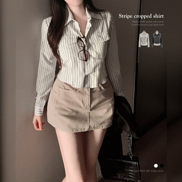 [ 레이어드셔츠👍] 스트라이프 또또 코튼 크롭긴팔셔츠