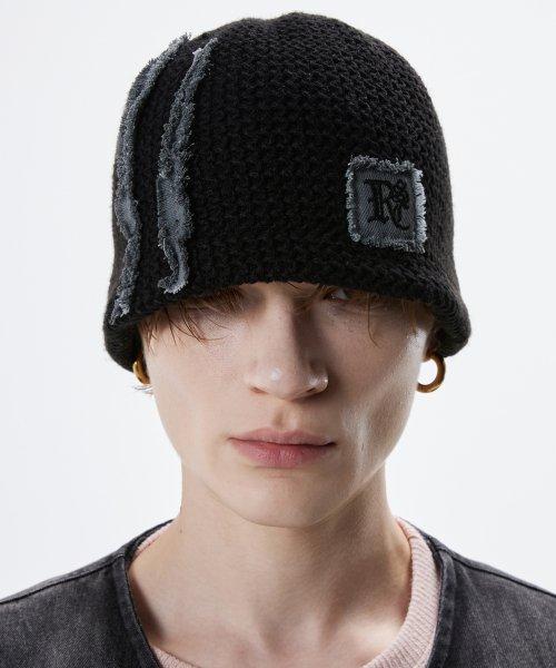 DENIM PATCHED KNIT BEANIE - BLACK