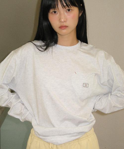 HEART POCKET OVER FIT LONG SLEEVE T SHIRT WHITE MELANGE