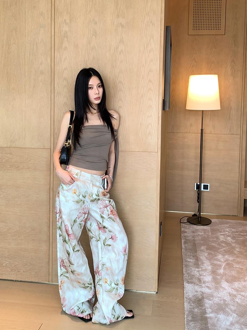 Vintage Flower Pattern Tencel Wide Pants