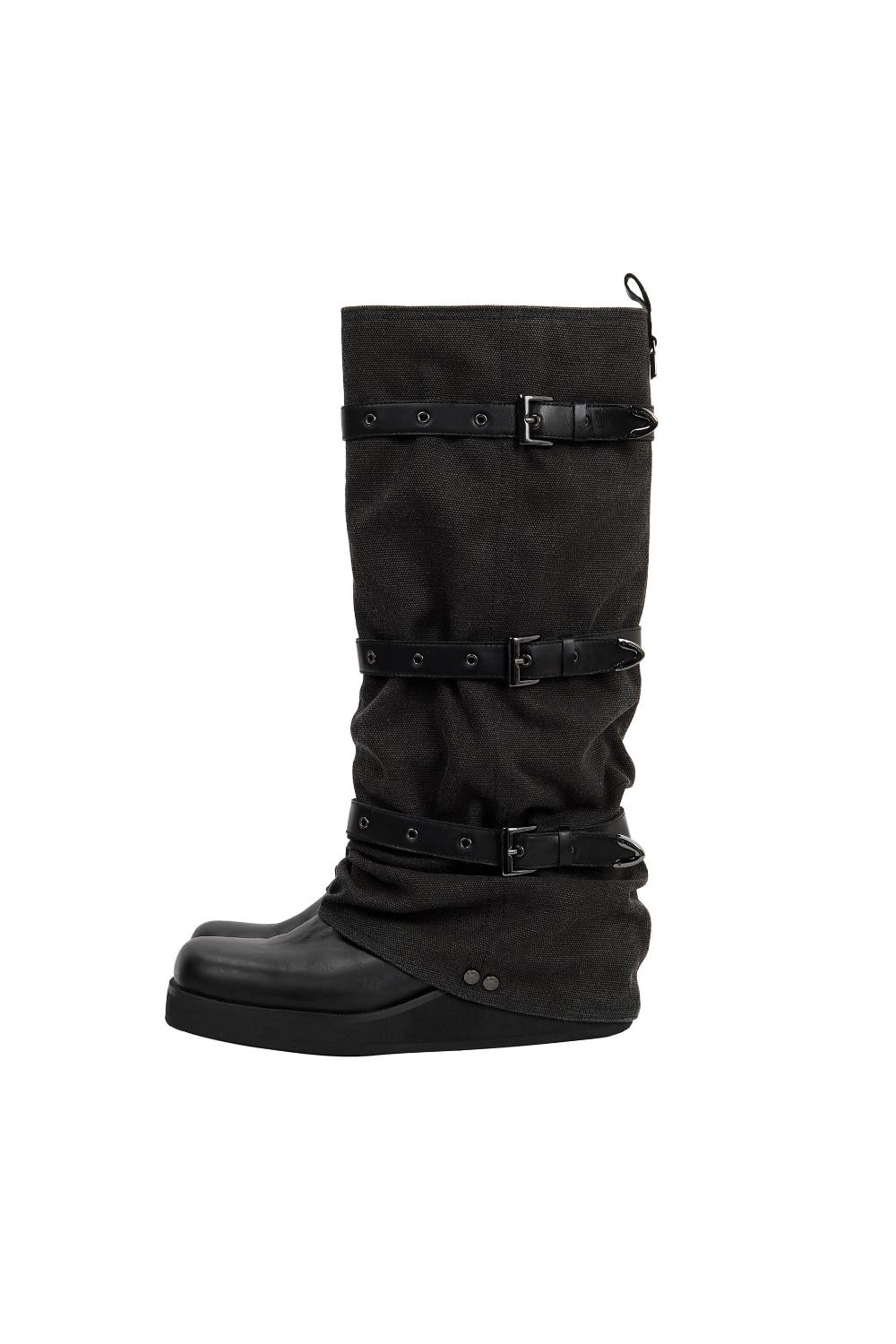 Bold Wrinkled Belted Long Boots [ Black ]