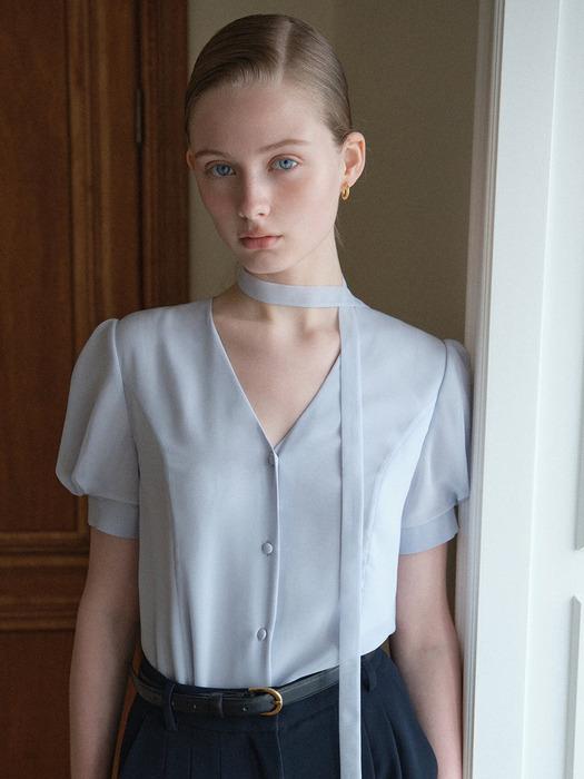 SKYLA V-neck ribbon tie chiffon blouse (Pale blue/Coral pink/Cream ivory)