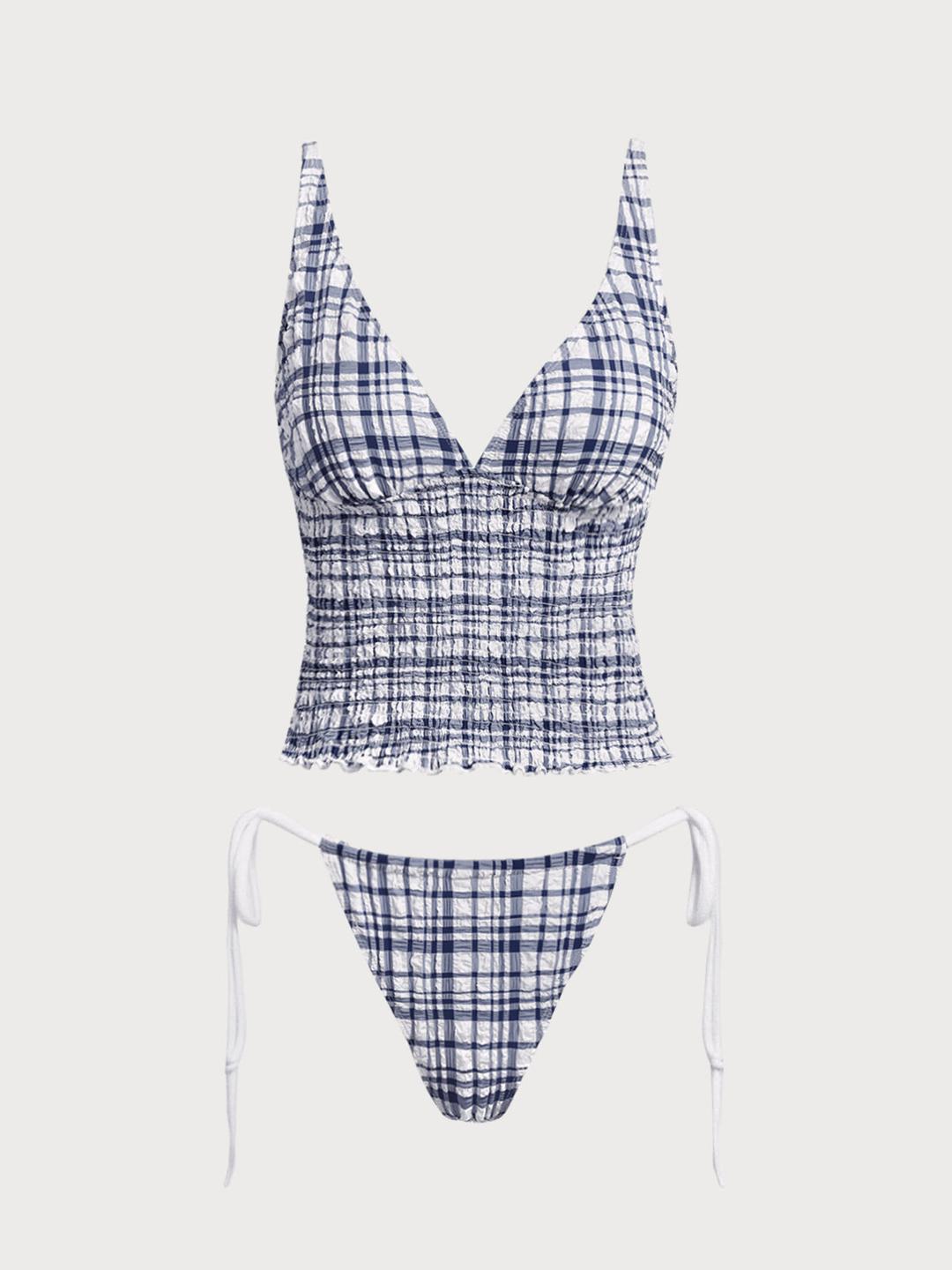 Blue Plaid Ruched Tankini Set