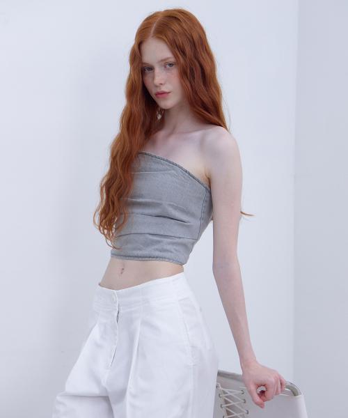 DRAPE DENIM BUSTIER TOP-GRAY