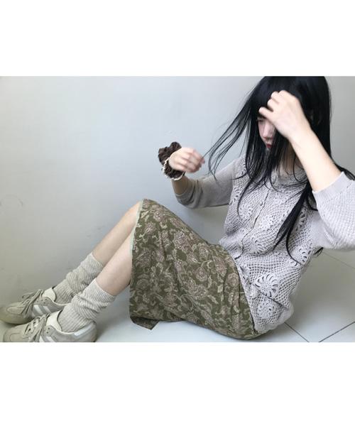 (Vintage)Flower Slit Long Skirt(Khaki)