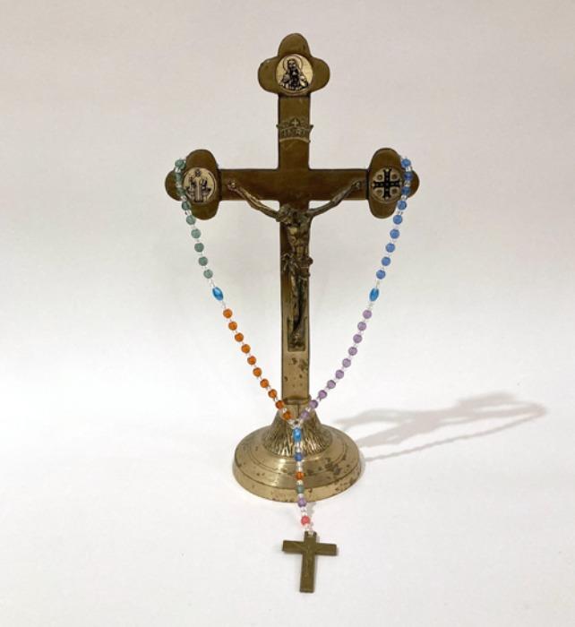 [italy]70s antique crucifix brass statue & rosario necklace set.
