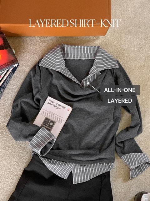 [하객룩/코디걱정끝] 퓨레 일체형 레이어드 셔츠 니트 (44~55) (일체형디자인-프레피룩-긱시크-셔츠레이어드-니트레이어드-스트라이프셔츠-드레이프니트)