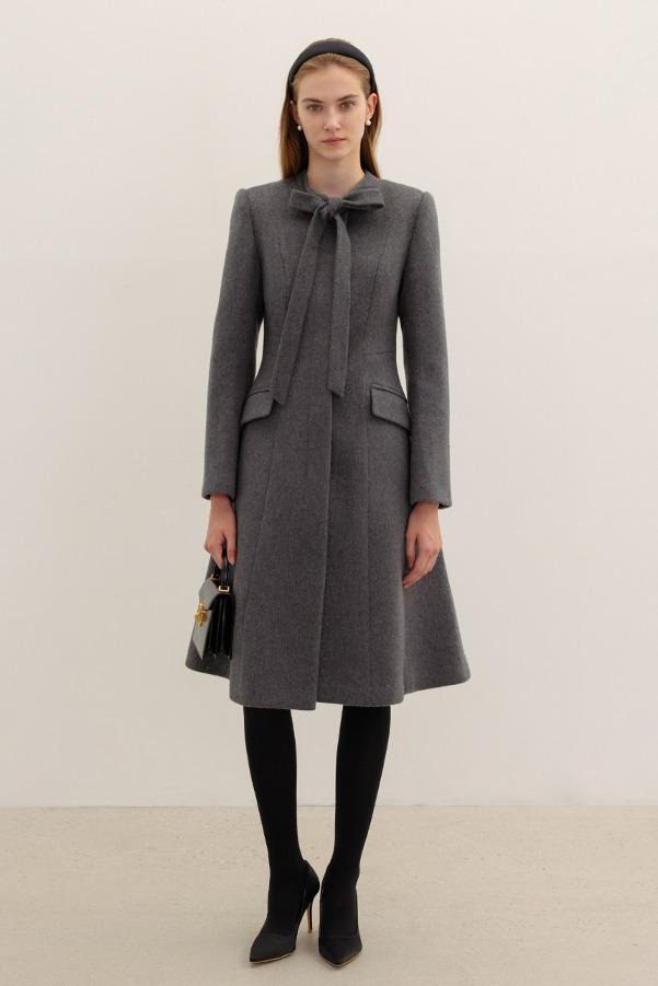 AVELINE Tie detailed A-line cashmere blended midi coat (Charcoal gray)
