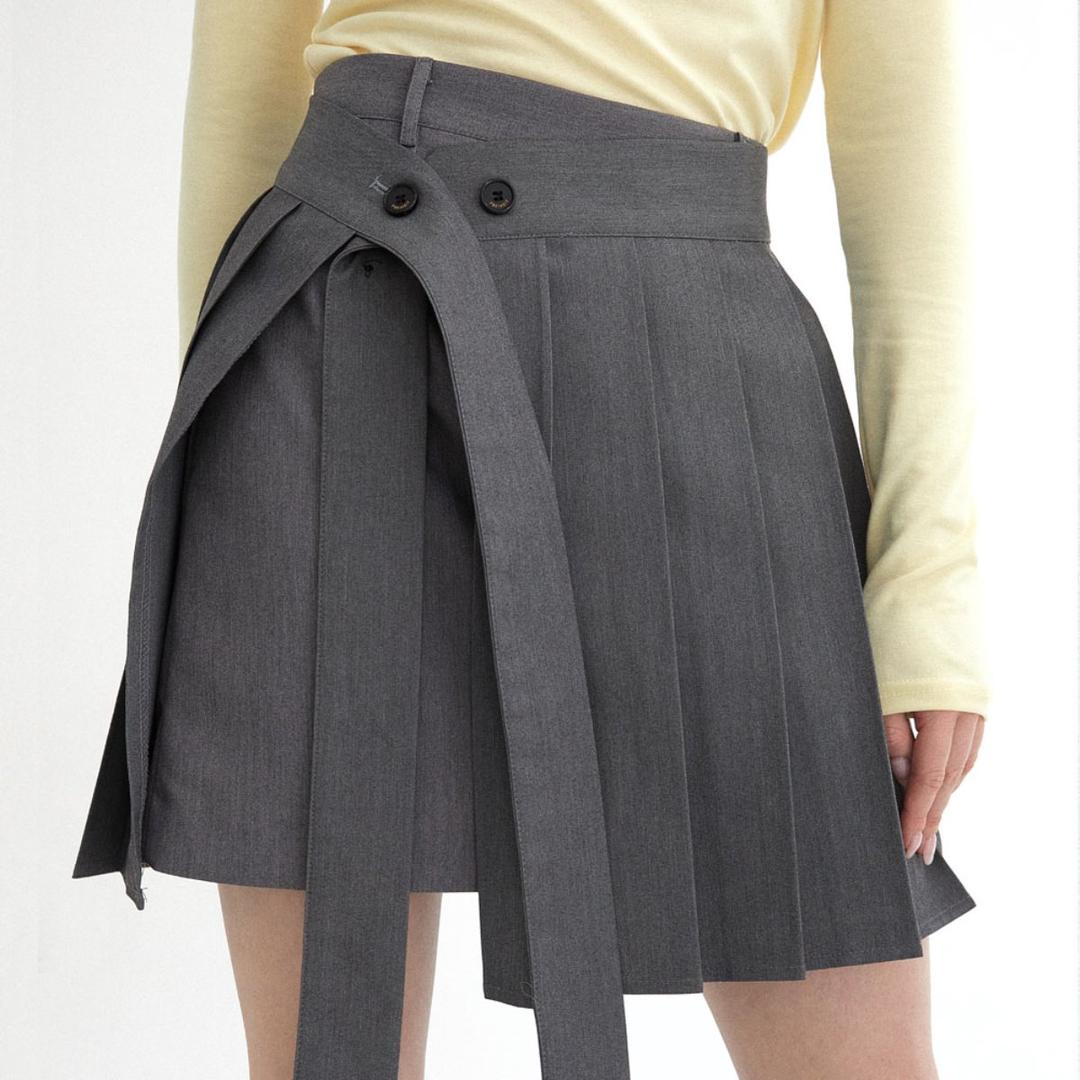 BUTTON PLEATS WRAP SKIRT (GRAY)