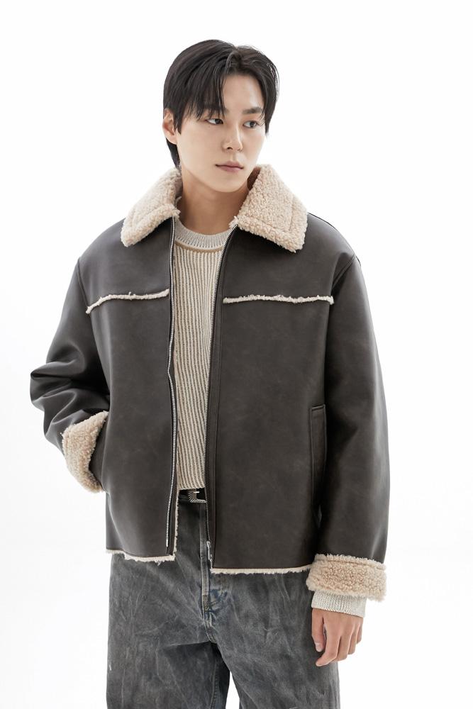 워싱 레더 컷오프 무스탕 자켓 (빈티지 브라운)