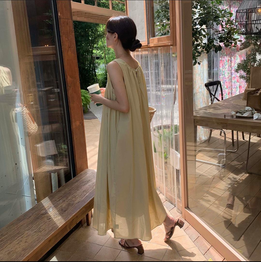 리조트 원피스 여름 썸머 민소매 나시 셔링 맥시 휴양지룩 코튼 롱원피스(머스타드,네이비)