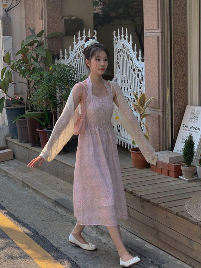 ROMANCE FLOWER HALTER NECK BUTTON DRESS(PINK, RED 2COLORS!)