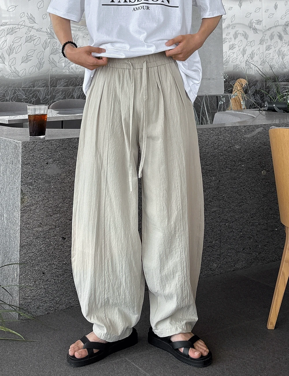 [1+1추가할인/당일출고] 네브 린넨 벌룬 와이드 밴딩팬츠