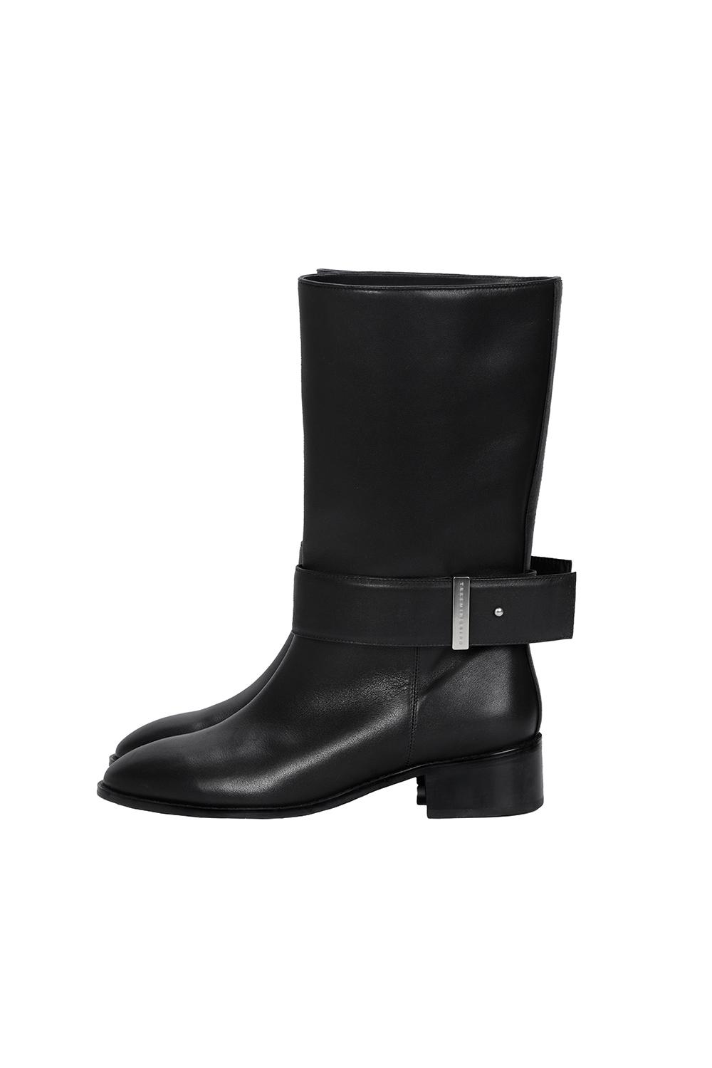 Cowhide Belted Middle Boots [ Black ]
