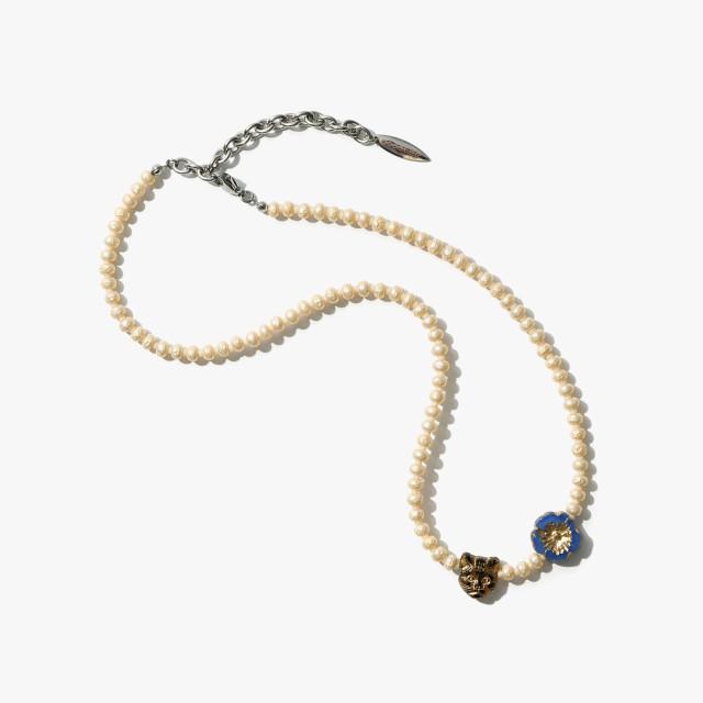 Cat Sniffing Blue Flower Necklace