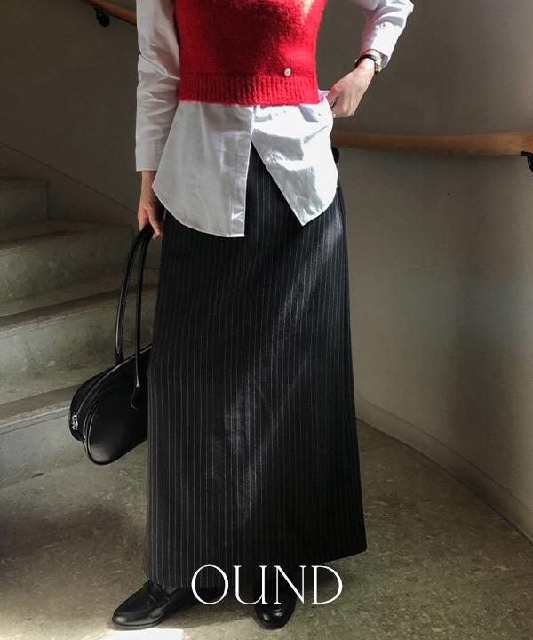 모어라운드 [얼리어텀🍂] [made/S-L] 빈토 리벳 핀턱 스트라이프 H라인 트임 롱 스커트 -3color (가을스커트/롱스커트/핀스트라이프/맥시스커트/트임스커트/하객룩/데일리룩/출근룩)