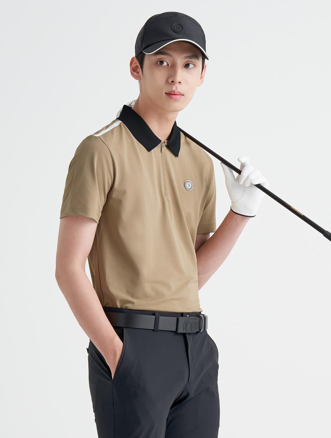 남성 베이지 피케 반집업 칼라 티셔츠