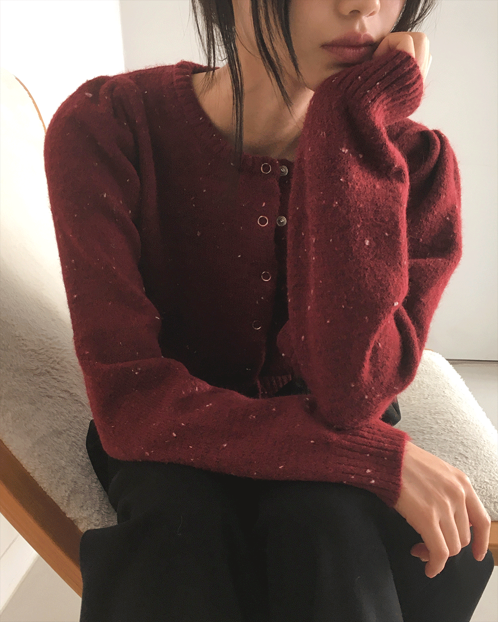 원더원더 [딸기쿠앤크🍓] 토네 울 보카시 스냅버튼 셔링 니트 가디건