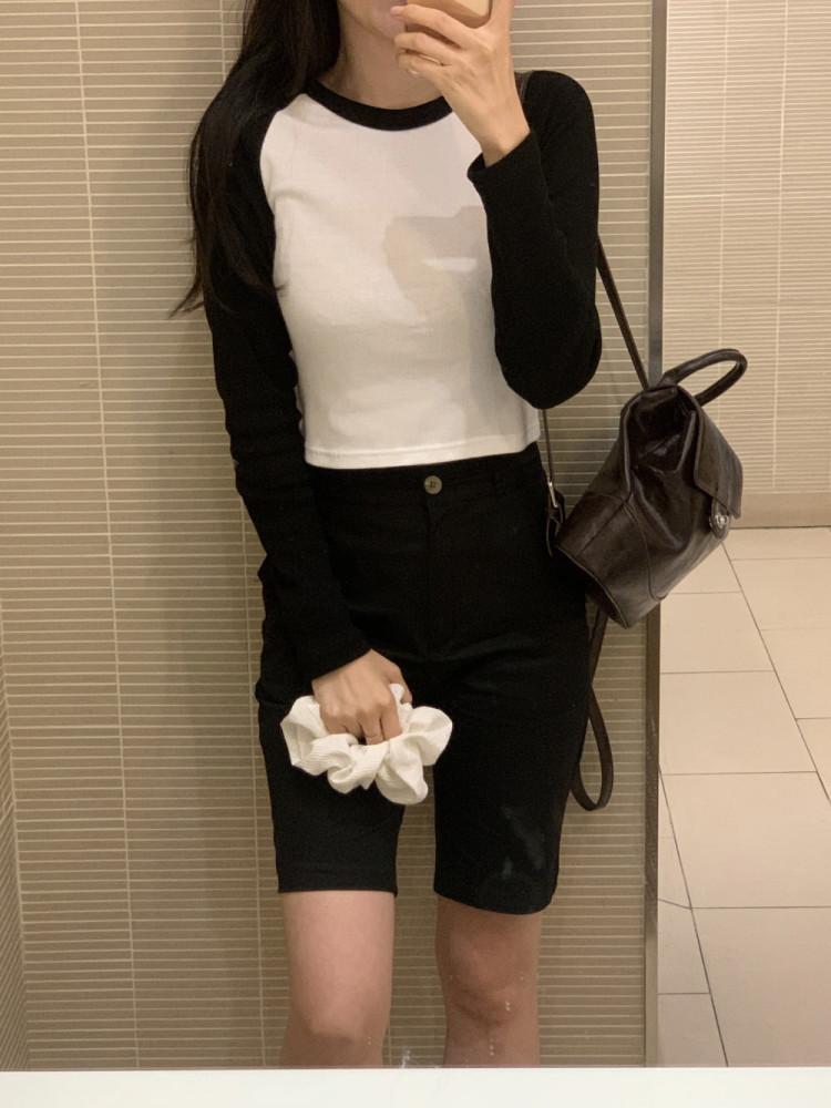 라운드 긴팔 배색 나그랑 세미크롭 티셔츠 베이직 데일리(2 colors)
