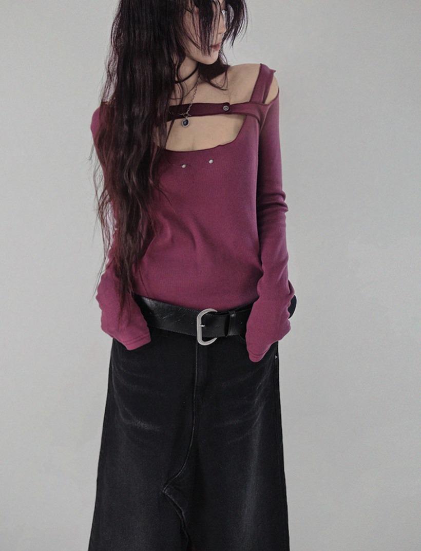 BER RIVET UNBAL CUT-OUT OPEN SHOULDER HALF TEE 베르 리벳 투찡 언발 컷아웃 오픈숄더 하프티  (3COLORS)