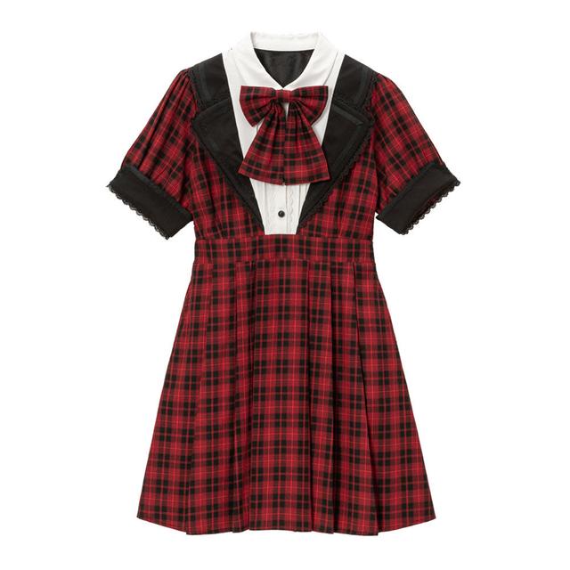 【送料無料】アイドルレースリボンワンピース - レッドチェック / M