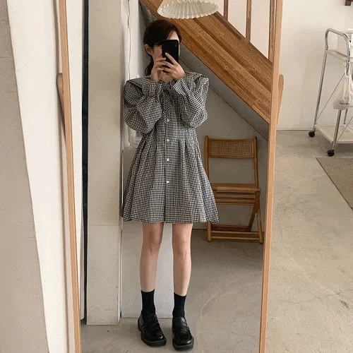 [키작녀추천] 프렌치 카라 셔츠 핀턱 미니 원피스