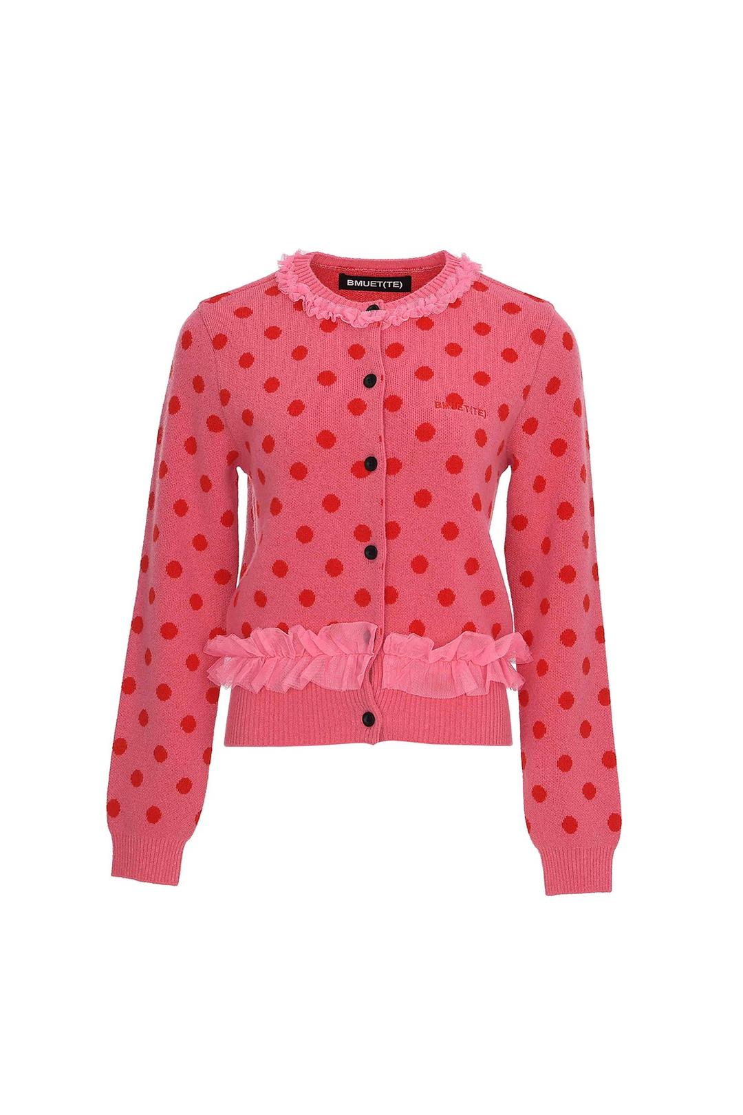 프릴 장식 도트 조직 울 니트 가디건 핑크