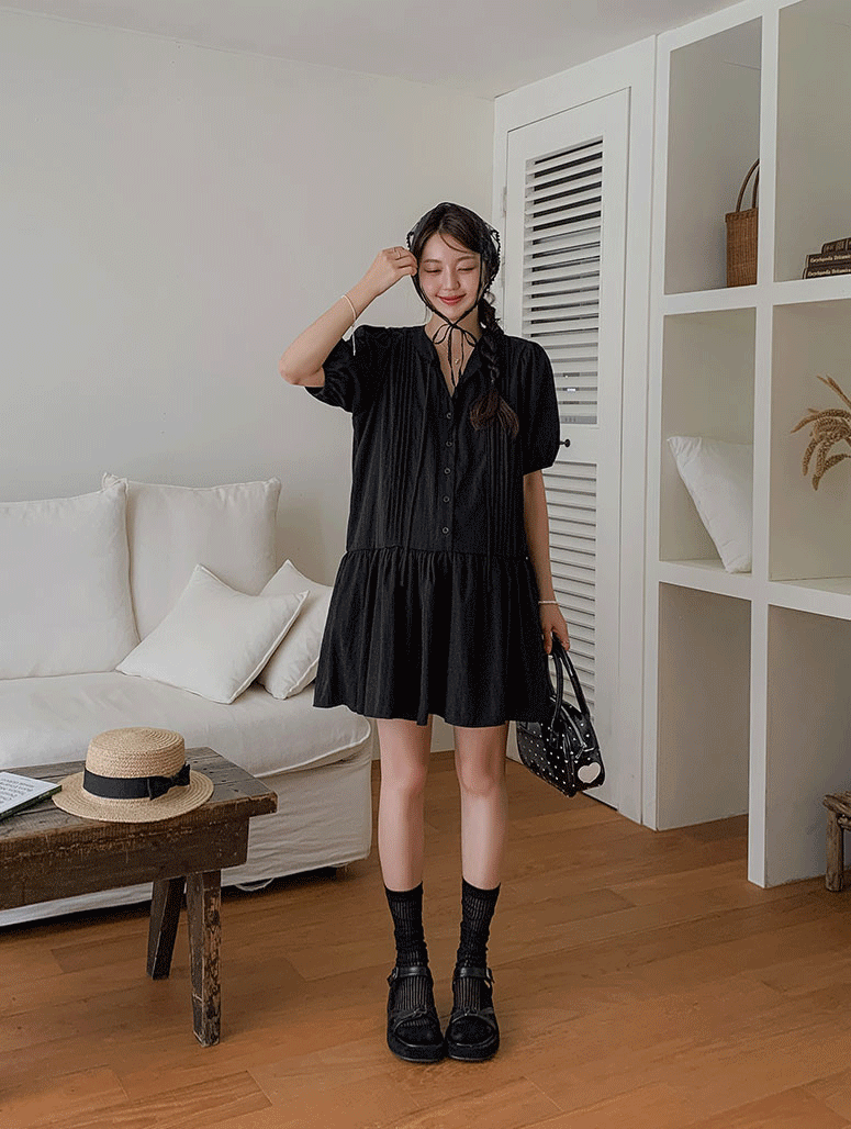 해피텐 (주문폭주/재입고) 첼로핀턱 리본 원피스