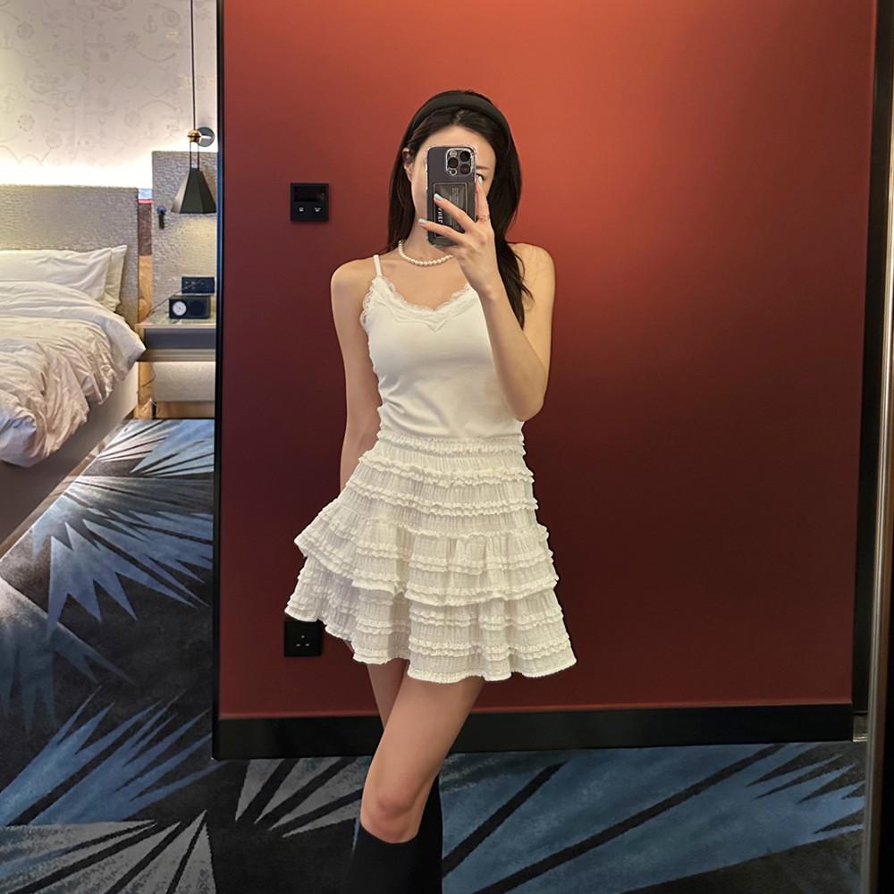 [바지안감] 미우 레이스 캉캉 밴딩 미니 스커트 / 화이트, 크림, 블랙