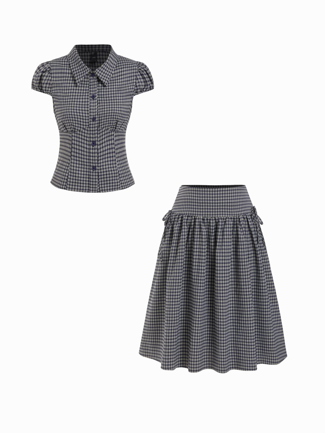 Gingham Top & Low Rise Drawstring Ruched Midi Skirt Set