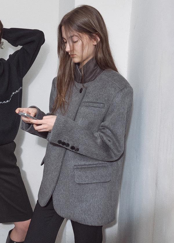 헤어리 카라 배색 헤비 자켓_GREY