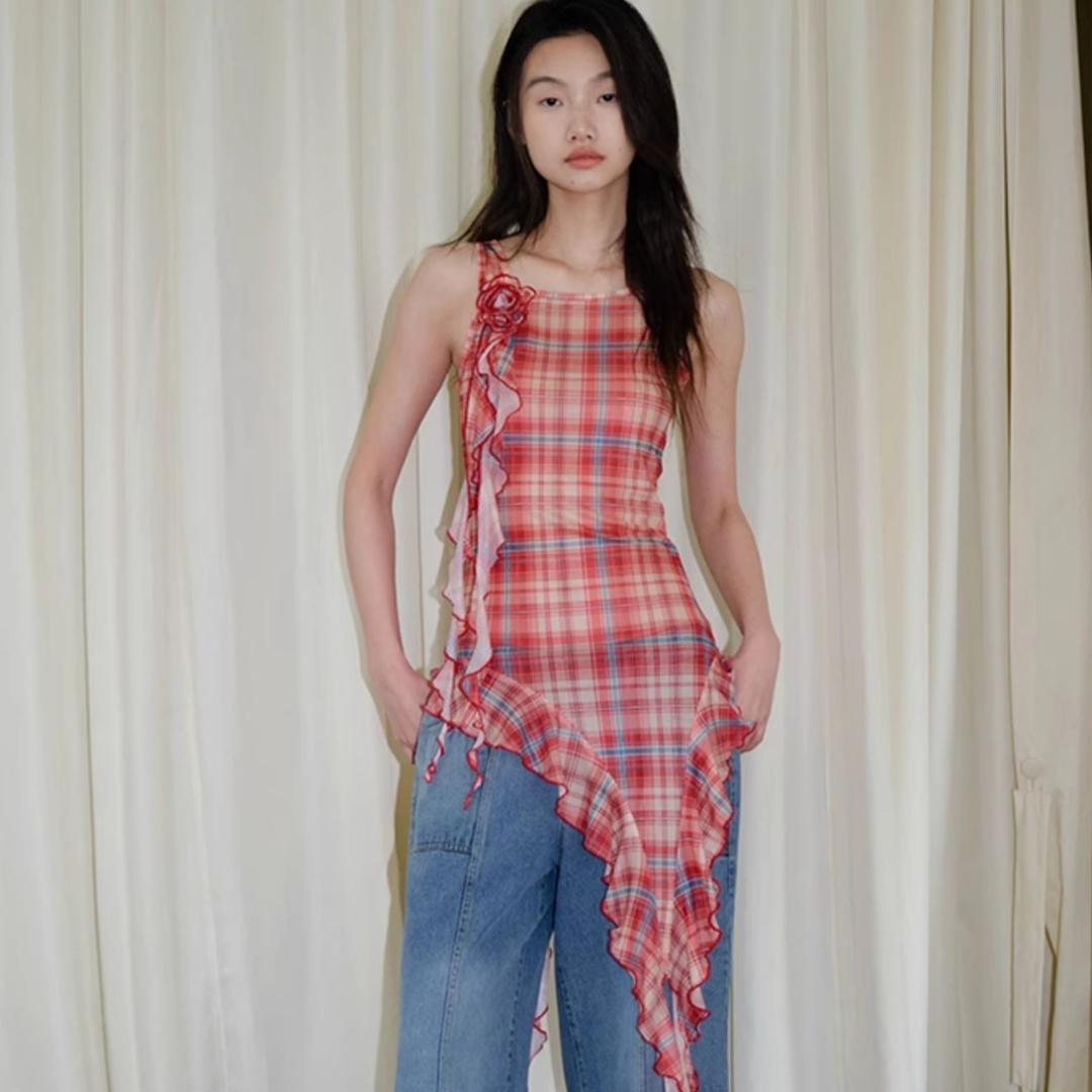 LVETONG 레트로 플라워 체크 언발 캐미솔 드레스