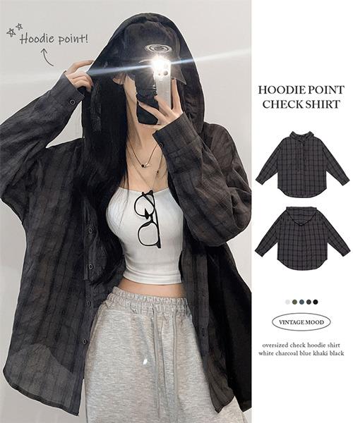 [힙무드🤎후디셔츠]모코 체크 박시핏 스트링 후드 긴팔 남방 셔츠(5color)