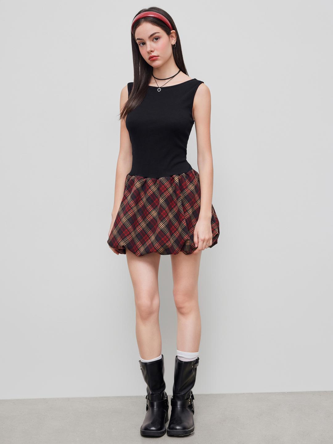 Cotton-blend Boat Neck Tartan Two Tone Bubble Hem Mini Dress