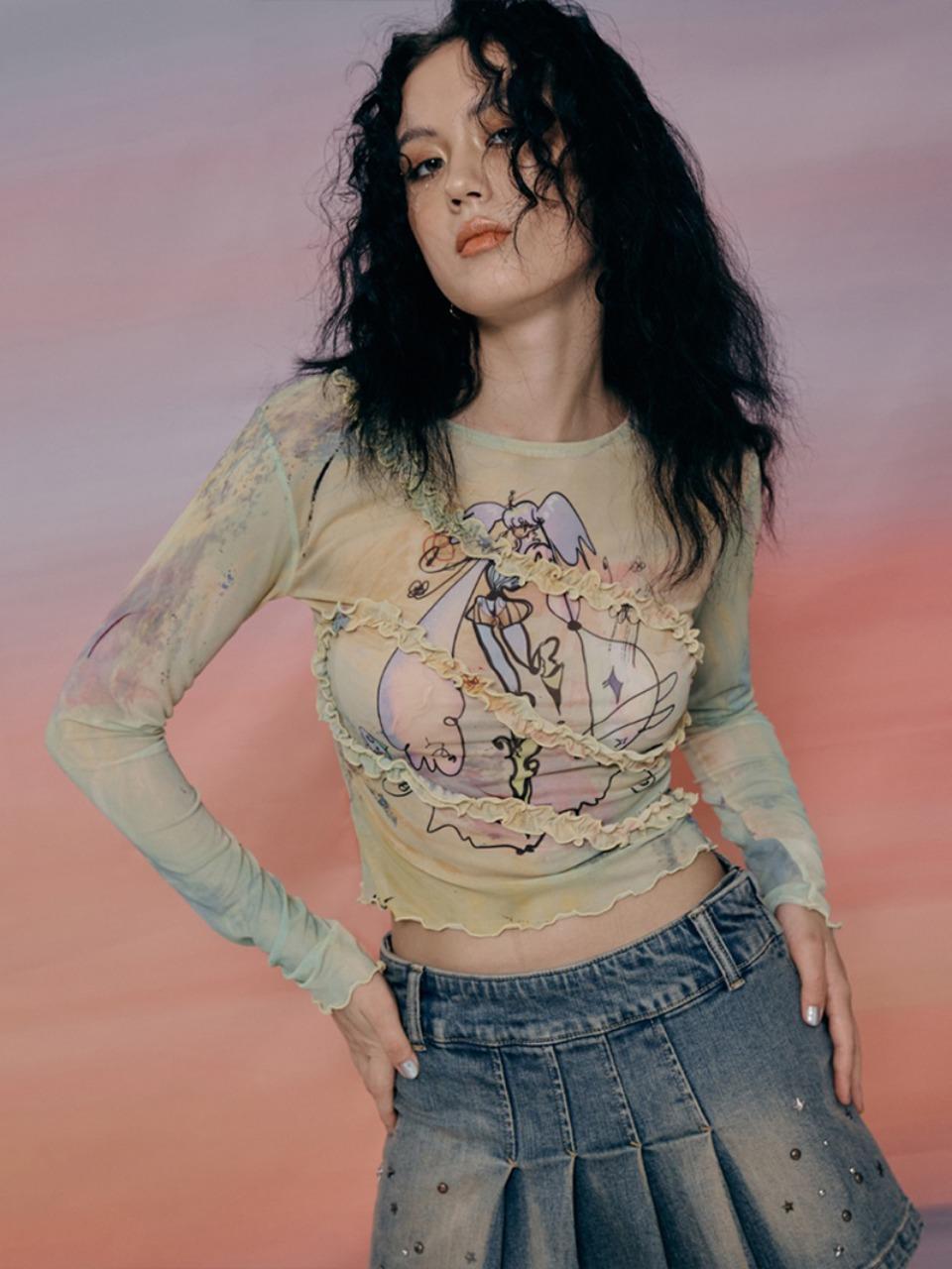 [레드벨벳 웬디, 비비지 은하 착용]X Gabrielle Ruffle Mesh Top