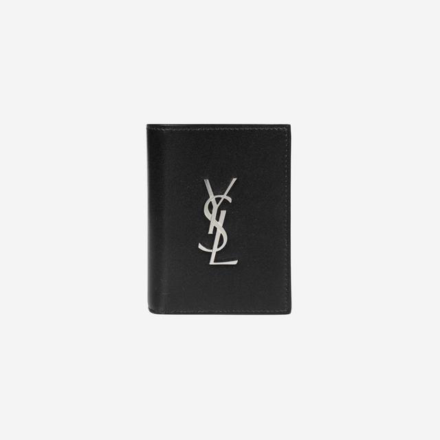 Saint Laurent Silver Monogram Credit Card Wallet in Smooth Leather Black