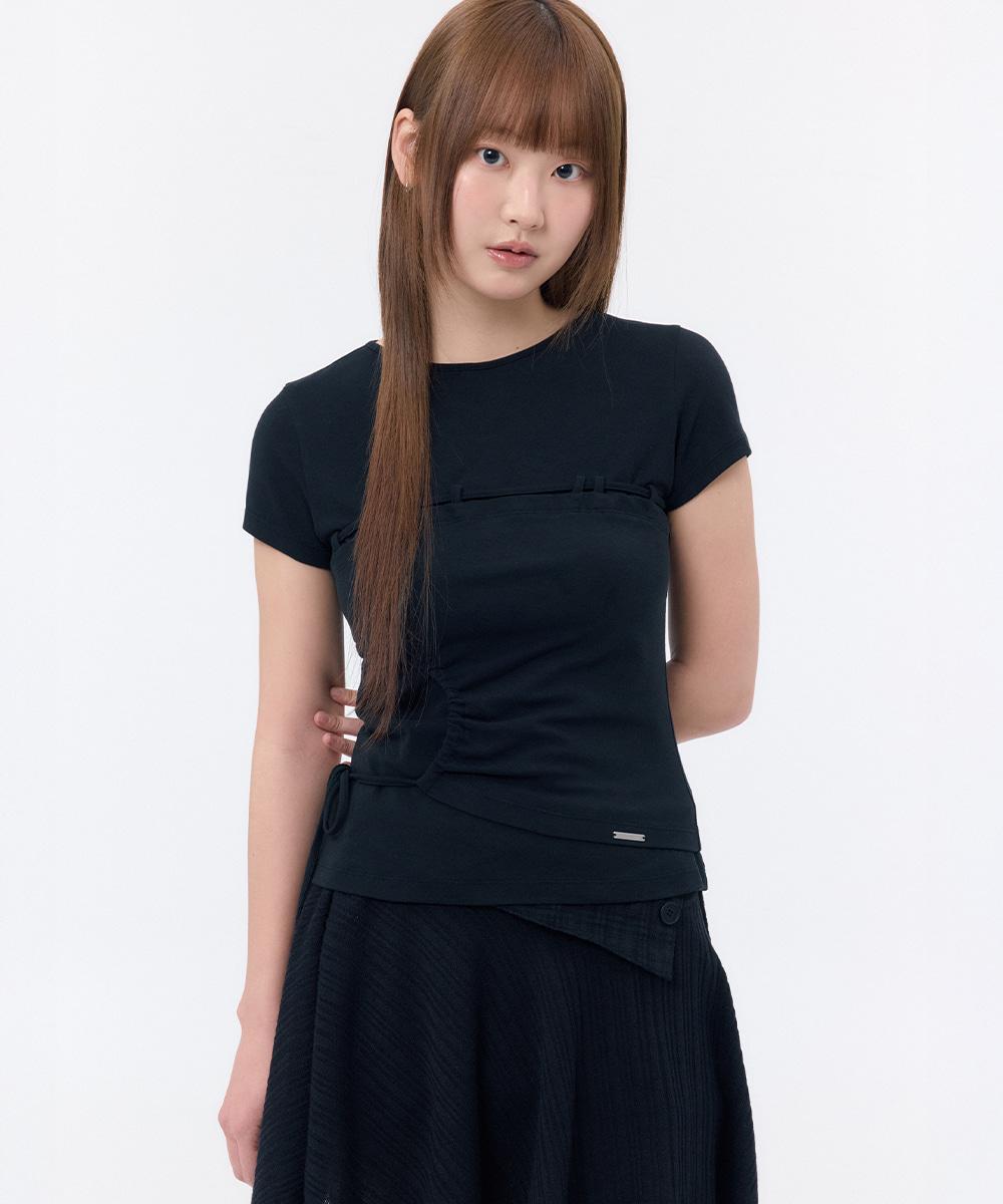 [레이 PICK] String shirring short sleeve BLACK
