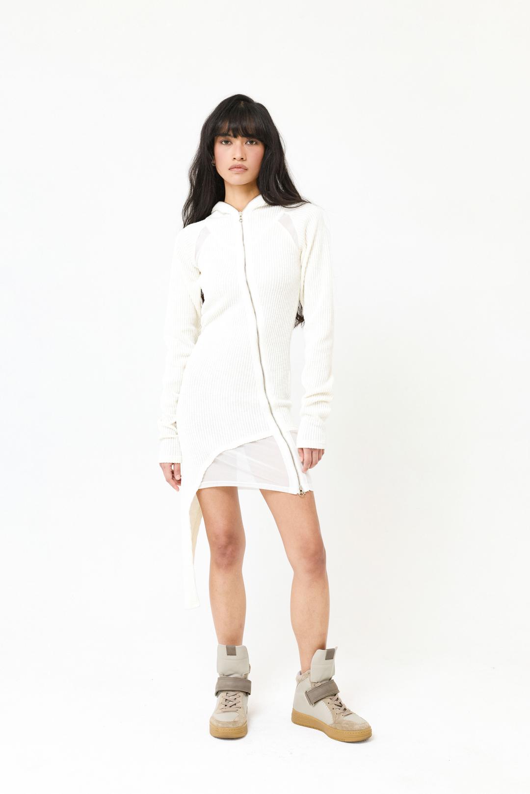 HOODED MESH PANEL ZIP-UP DRESS WHITE