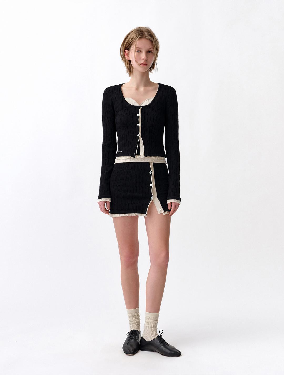 새틴 레이어드 케이블 니트 스커트 (블랙)