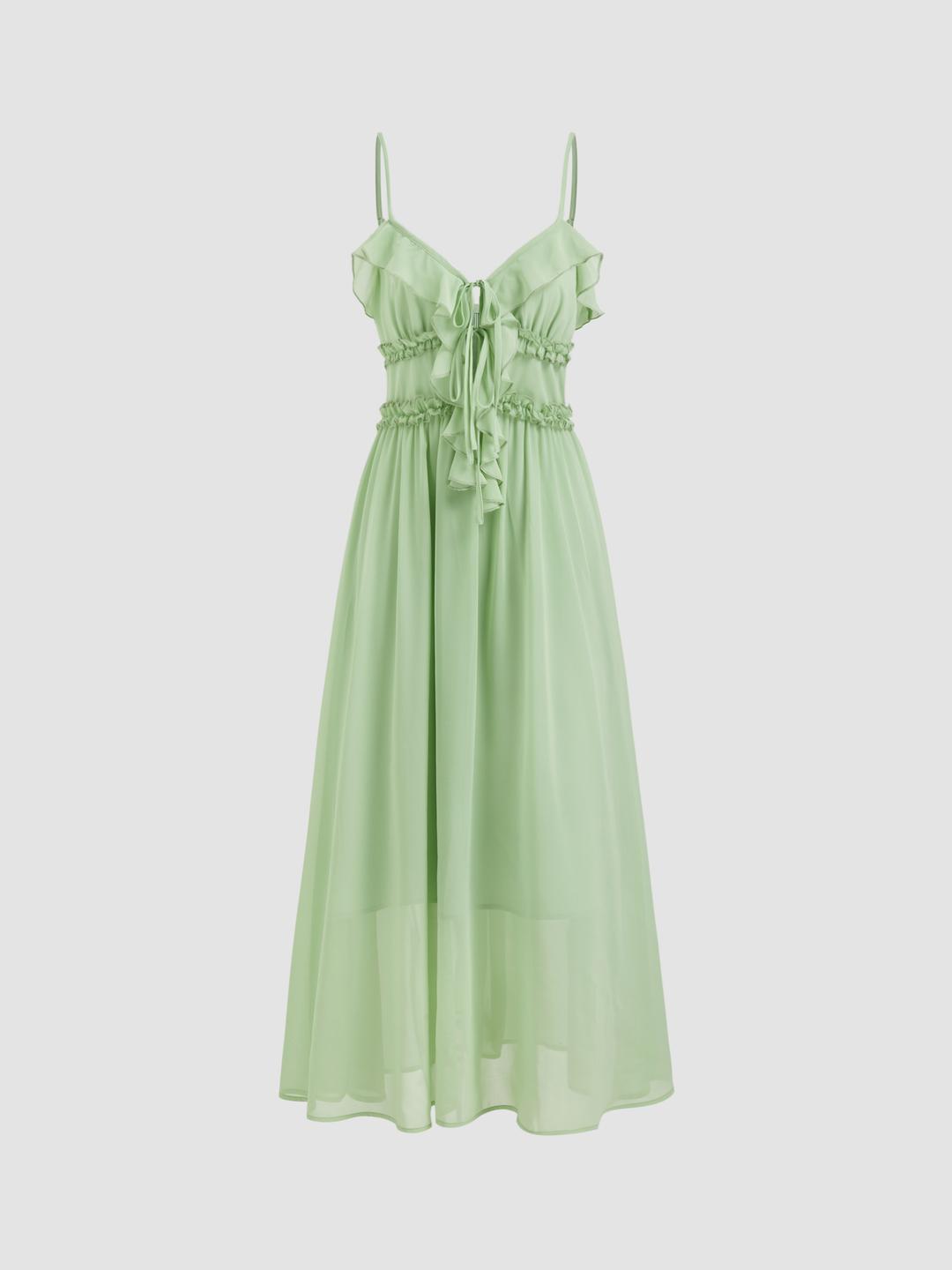 Chiffon V-neck Ruffle Lettuce Trim Knotted Maxi Dress
