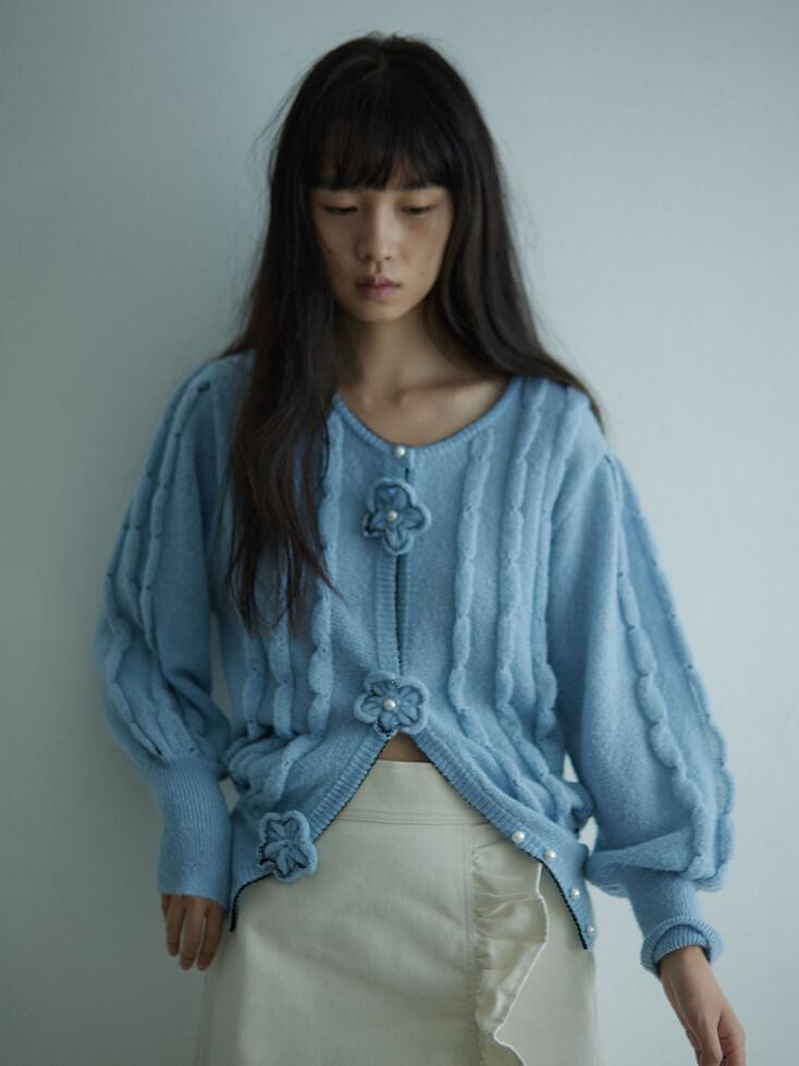 Hand Flower Alpaca Knit Cardigan_Baby Blue