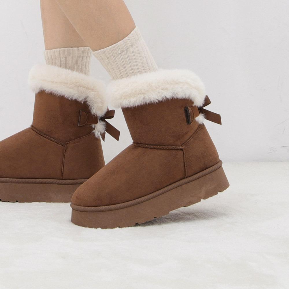 러블리 둥근코 리본장식 퍼트리밍 방한 통굽 기모안감 앵클부츠 (5.0cm/기모안감) 11710