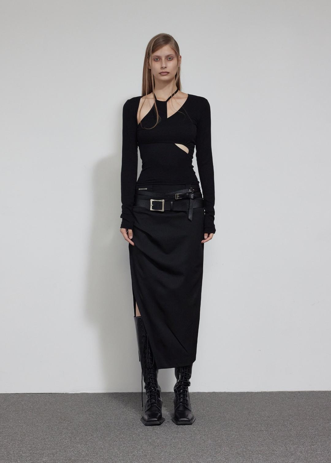 HALTER LAYERED SLEEVE T, BLACK