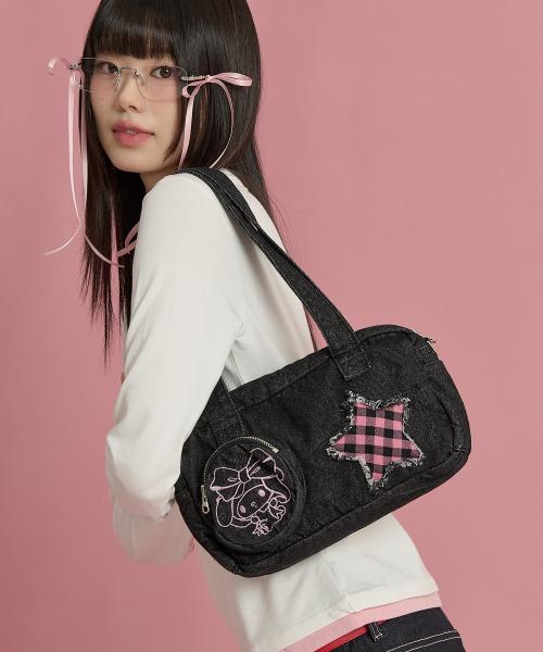 마이멜로디 체크 스타 데님 숄더백 블랙
