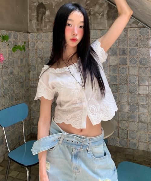 스칼럽 레이스 블라우스 [화이트]