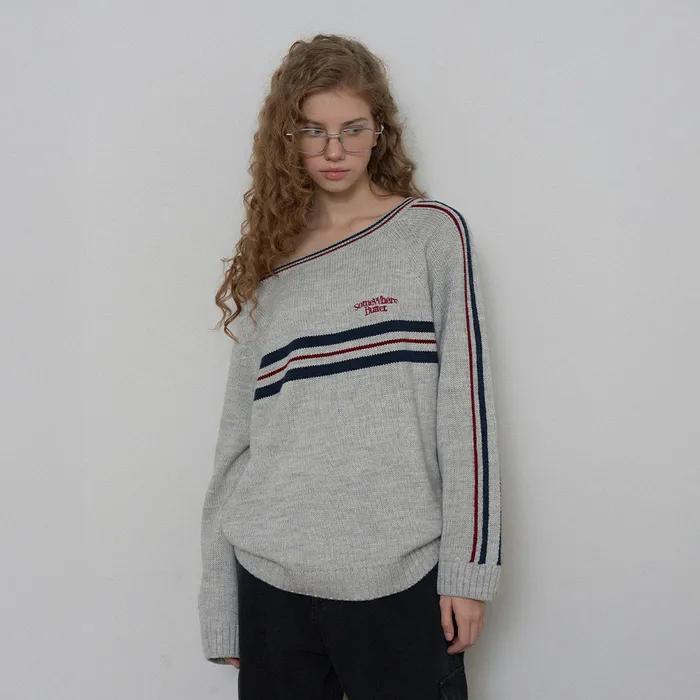 [3rd] Line Small Logo Stripe Knit - Light Grey