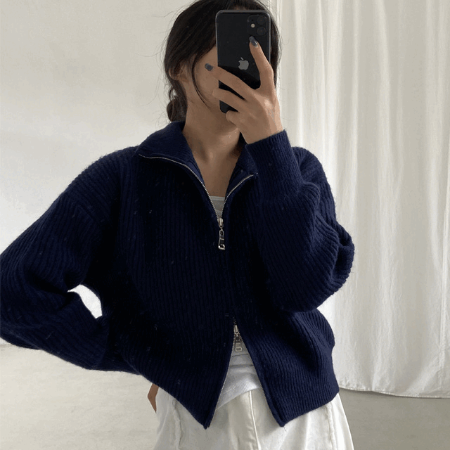 [주문폭주] 그로우 하이넥 투웨이 집업 지퍼 도톰한 두툼한 울 니트 가디건 카디건