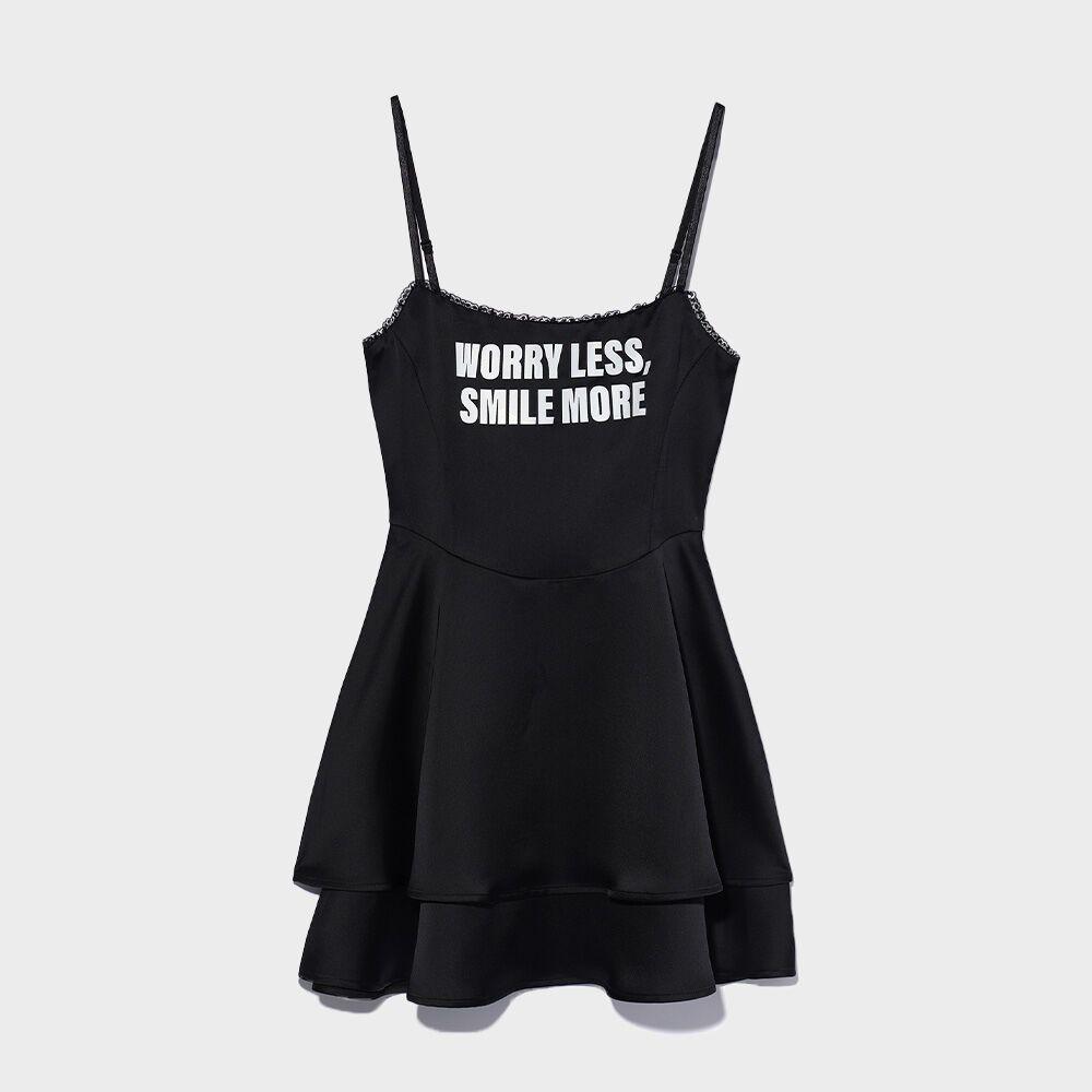 YOUHEE LETTERING SATIN FLARE MINI DRESS BLACK