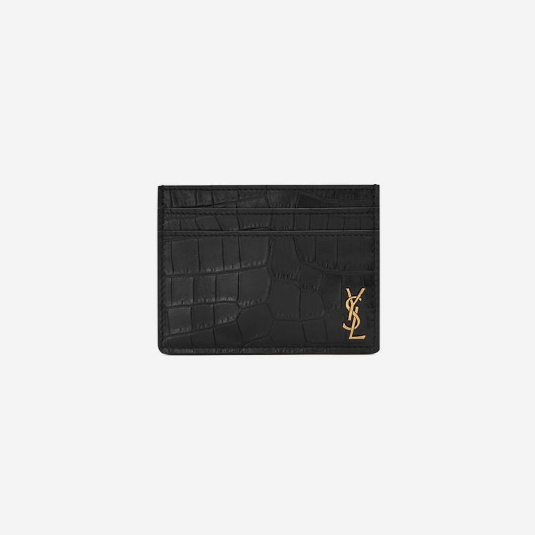 Saint Laurent Tiny Monogram Card Case in Crocodile Embossed Matte Leather Black