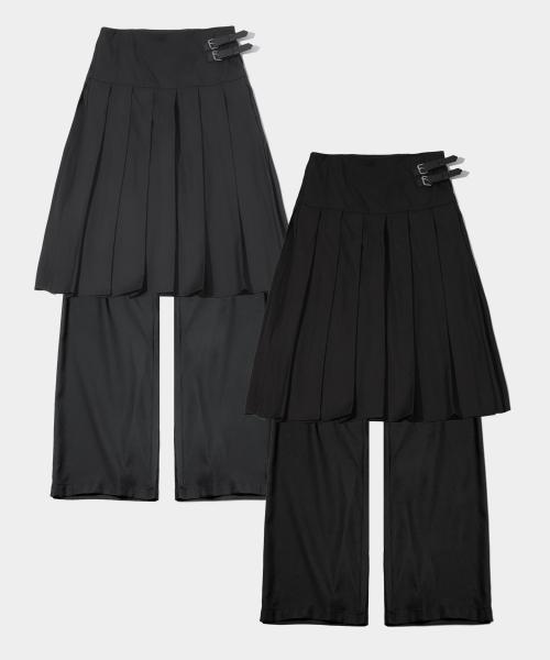 투 버클 플리츠 미디 스커트 레이어드 와이드 팬츠 _2COLOR